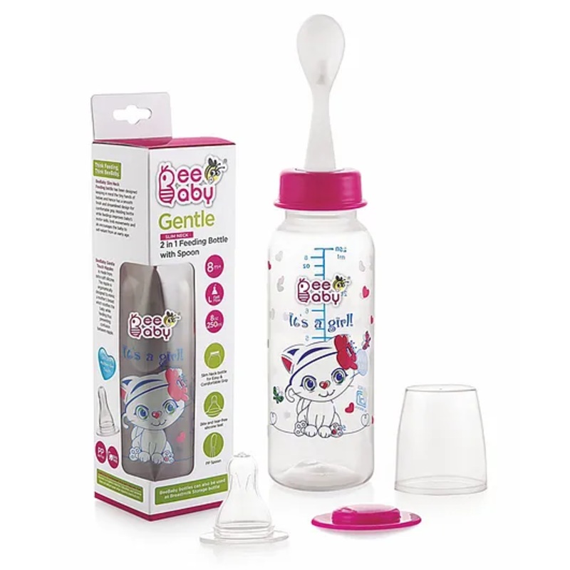 Beebaby Standard Neck Feeding Bottle With Spoon Pink – 250 ml