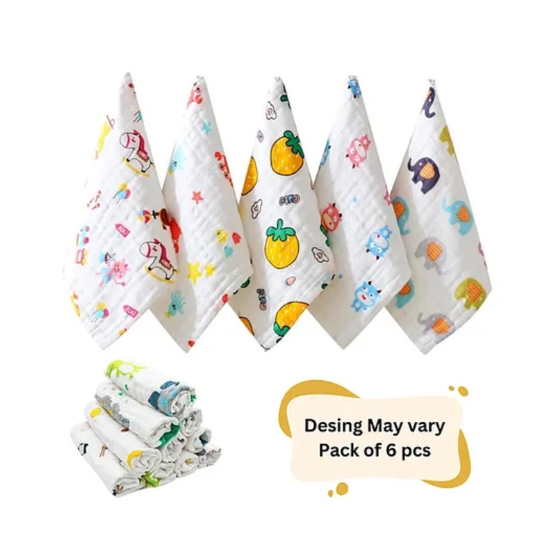 BitFeex Baby Face Towels for Boys Girls Fleece Muslin Wash Cloth Cute Pattern Muslin Organic Cotton Face Towel-Design May Vary, Pack of 6 Pcs