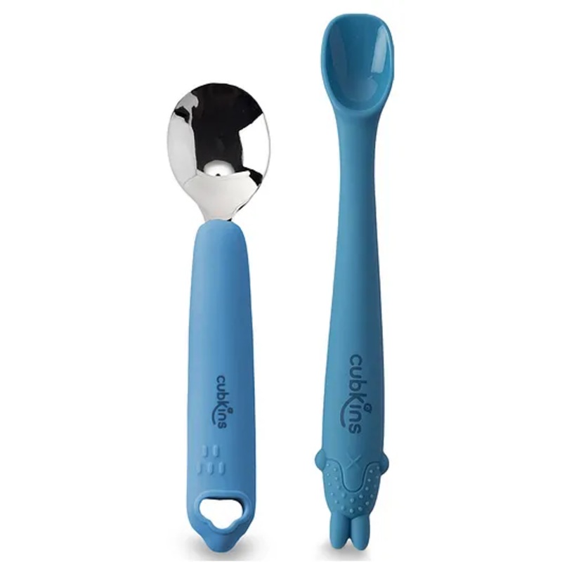 CUBKINS Set of Spoon with Stainless Steel Head and Early Feeding Bendable Silicone Spoon for Children | No Sharp Edges | BPA Free, Food Grade, FDA Approved | Washable & Reusable (Blue Olive)