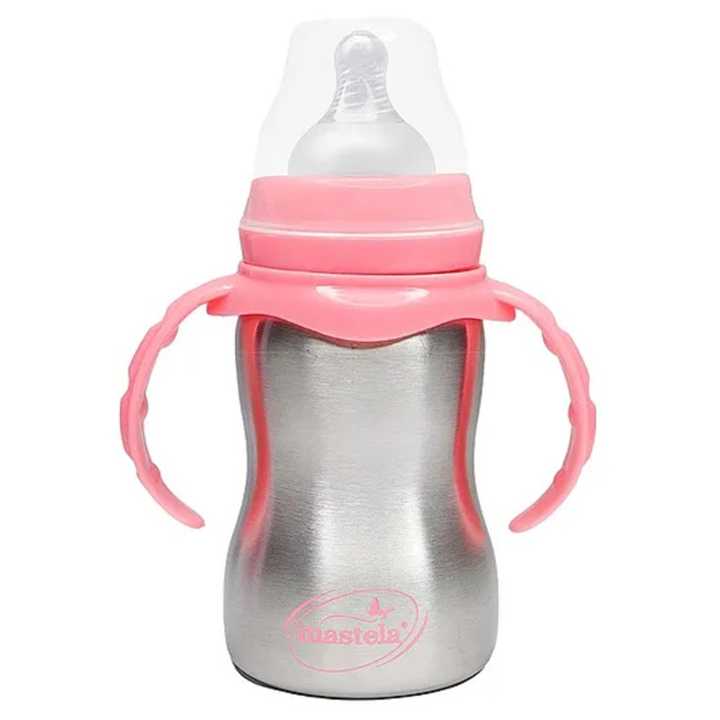Domenico World Baby Feeding Bottle in Stainless Steel rganic Kidz High Grade Stainless Steel 2 in 1 Sipper and Feeding Bottle With Silicone Nipple For Baby Pink – 240 ml