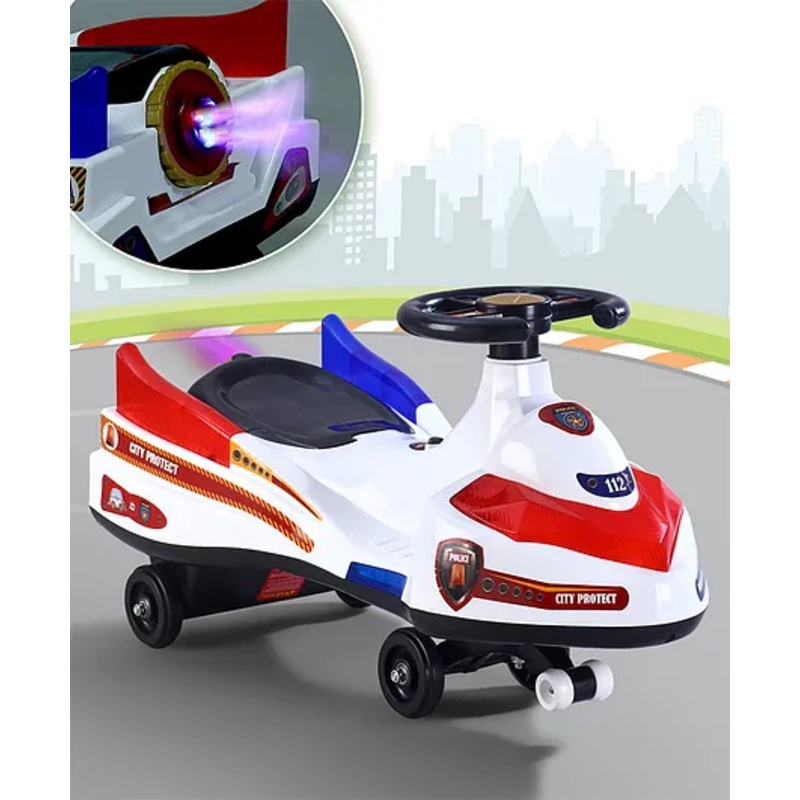 Police Kids Swing Car with Light Music & Cool Smoke – White