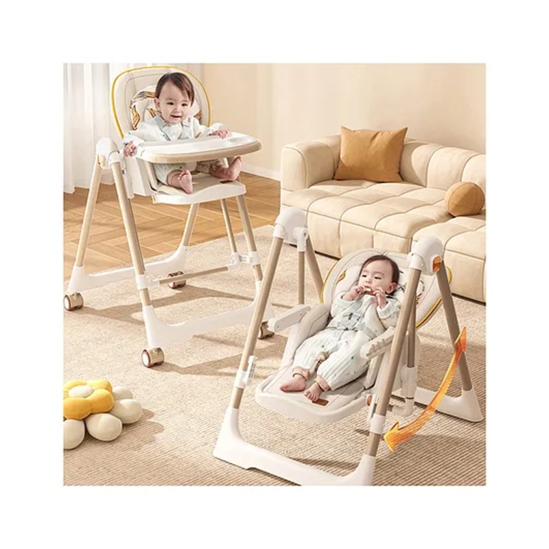 R for Rabbit Marshmallow Smart 2-in-1 High Chair with Swing for Baby, Adjustable Height, Dual Tray, Reclinable Backrest & Footrest Feeding Chair for 0.6-5 Years Kids |(Abstract Beige)