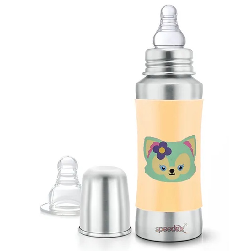 Speedex Stainless Steel Baby Feeding Bottle  240ml | Yellow Foxy Print | Internal ML Marking | Silicone Grip | Mirror Finish | No Extra Nipple