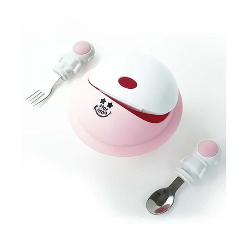 StarKiddo AstroGrip Suction Bowl with Easy-Grip Baby Feeding Spoon and Fork for Kids & Toddlers| Microwave and Dishwasher Safe (Pink)