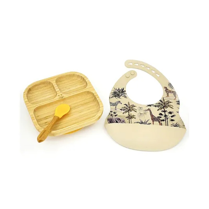 StarKiddo Slate Bamboo Suction Plates with Weaning Spoon and Cute Adjustable Printed Bib for Baby and Toddler – Yellow Beige