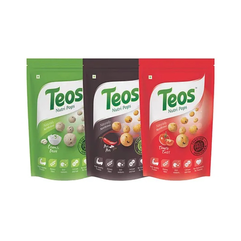 Teos Nutri Pops Roasted Makhana Cream & Onion Piri Piri & Tomato Twist Pack of 3 – 195 g
