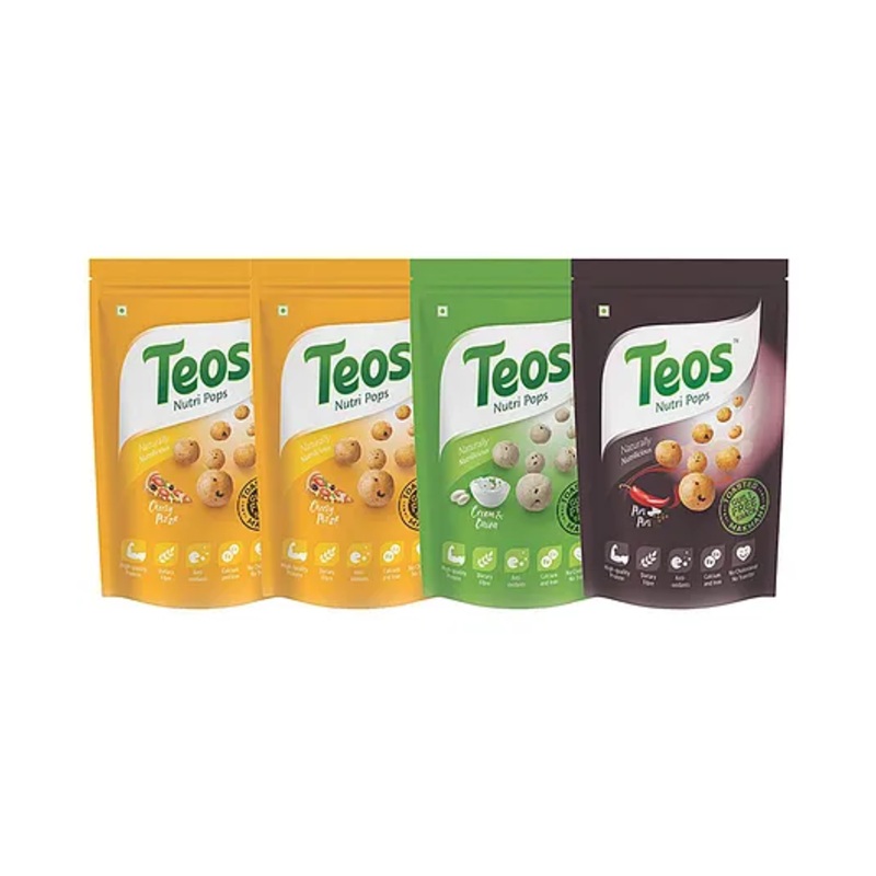 Teos Nutri Pops Roasted Makhana Snacks Cheesy Pizza Cream and Onion & Piri Piri 4 x 65 g