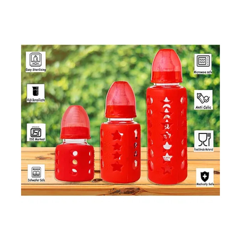 The Little Lookers High Borosilicate Glass Feeding Bottle with soft Flow control & Anti Colic Nipple (Pack of 3)