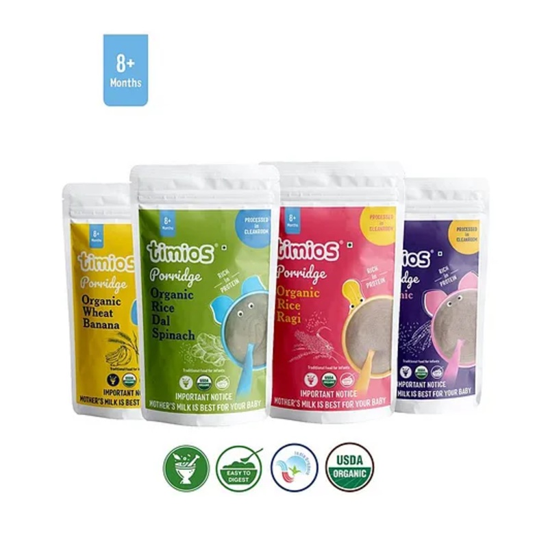 Timios Organic Porridge Combo Pack  Wheat Banana, Rice Dal Spinach, Ragi Rice  Protein-Rich Natural Baby Food 4x100g