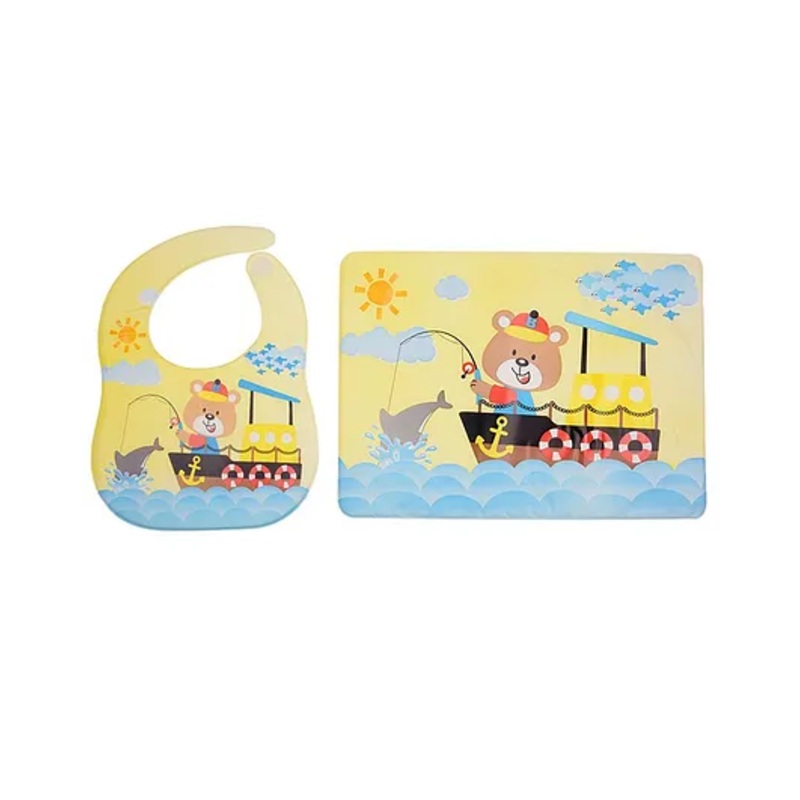 Yellow Bee Feeding Bib With Mat Fishing Print – Yellow