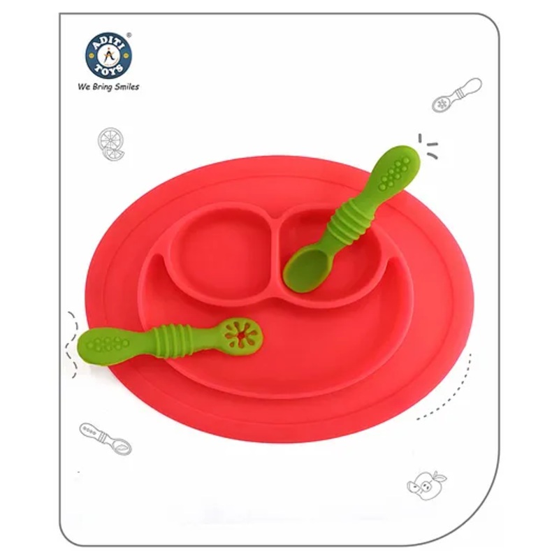Aditi Toys Oval Baby Food Tray, Silicon Food Plate with Multiple Compartments & Two Spoons, Silicone Plate for Feeding Baby, Easy to Clean Silicon Plate Microwave & Dishwasher Safe. (Dark Pink)