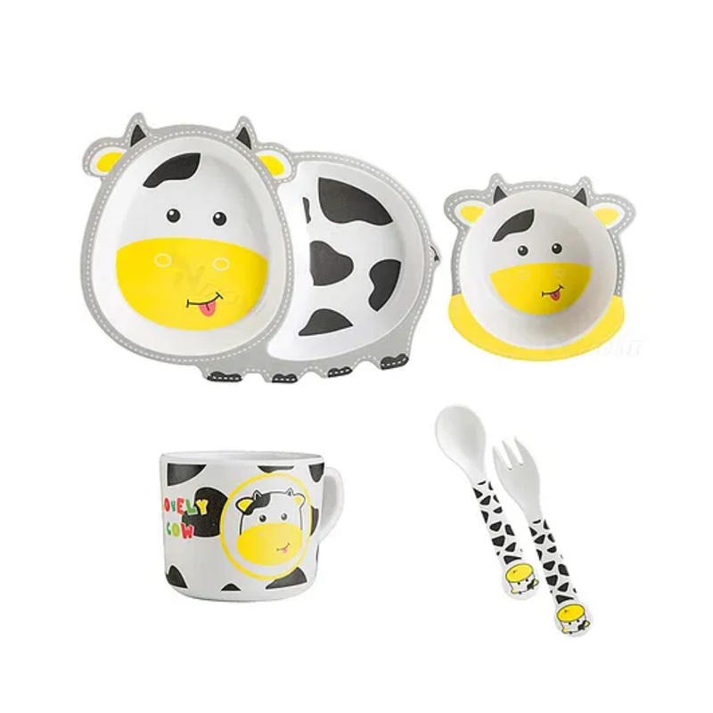 Cartoon Animal Cow Bamboo Fiber Dinnerware Plate & Bowl Set for Kids Toddler Plate Bowl Cup Spoon Fork Eco Friendly Non Toxic Self Feeding Baby Utensil Set of 5 Pieces – Multicolor