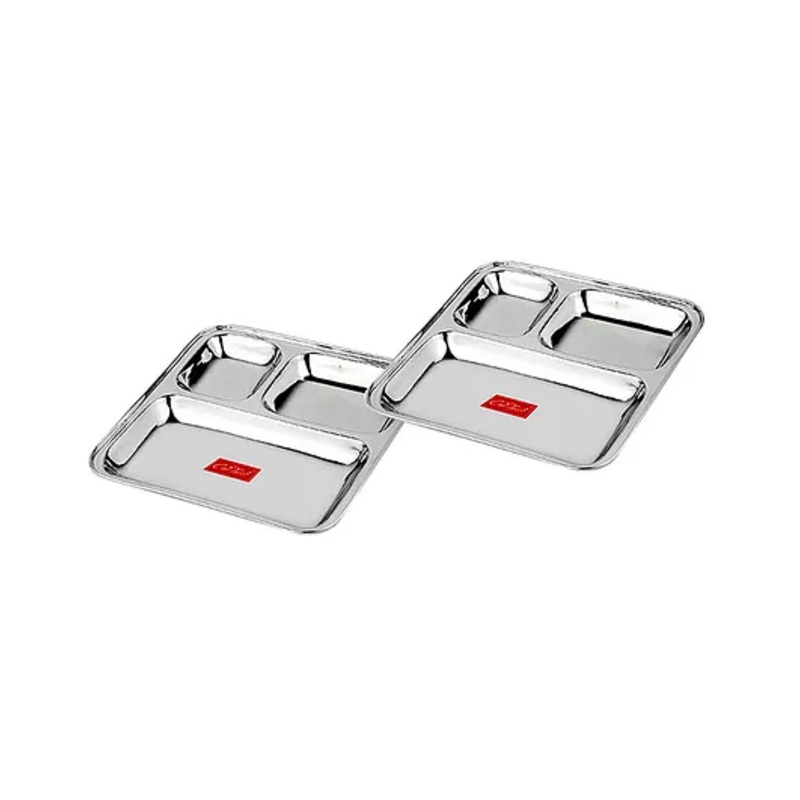 CutTales 2 Plate Stainless Steel Paw Bhaji 3 Compartment Plates Set For Kids | Ideal For Dinner, Snack , Other Home Foods | Non Toxic And Dishwasher Safe Plates
