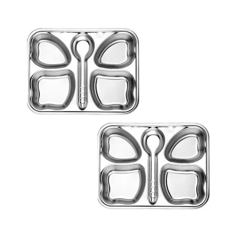 CutTales Pack Of 2 Stainless Steel Butterfly 4 Compartment Snack Dinner Plates For Kids | BPA Free, NonToxic And Dishwasher Safe Plate