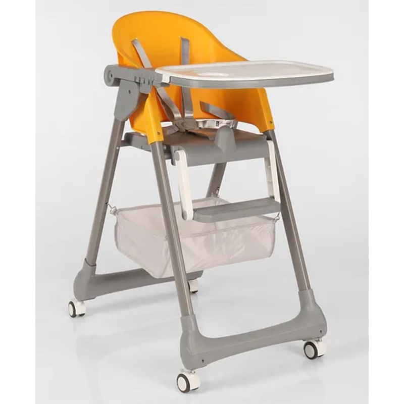 High Chair with Footrest Safety Harness & Storage Without Cushion – Yellow| Wheels with Lock| Adjustable Double Food Tray| Safety Harness| Adjustable Height| Reclining Backrest| Compact Fold