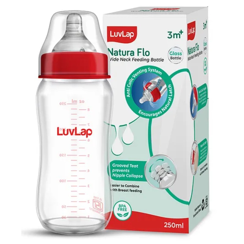 LuvLap Natura Flo Glass Feeding Bottle, 250ml, BPA Free, Anti-Colic Nipple, Transparent