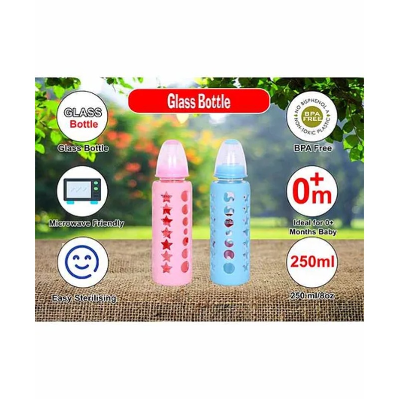 Mastela Borosilicate Glass Feeding Bottle with Silicone Cover Set of 2 Pink Blue  – 250 ml Each