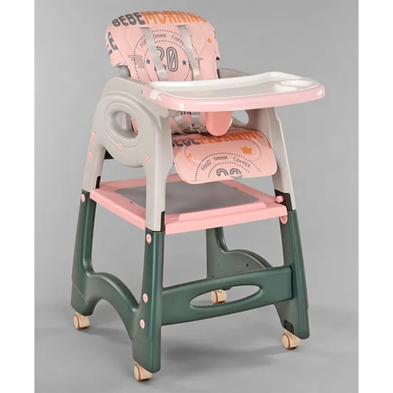 Multifunctional 3 In 1 High Chair & Table For Toddler With Backrest & Plate Adjustment & Wheels – Pink| Study cum Gaming Table| Safety Harness| Wheels with Lock| Easy to Assemble| Removable Double Food Tray| Removable Cushion