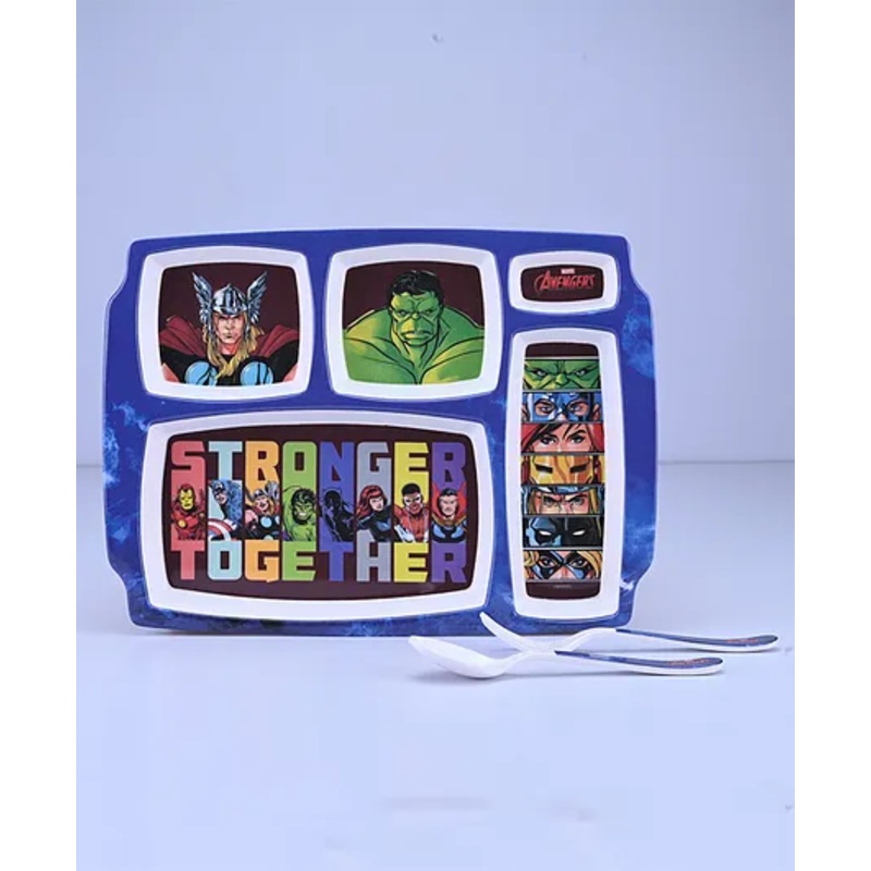 Servewell Avengers Theme 5 Section Rectangular Plate with Fork & Spoon –  (Color and design may vary)