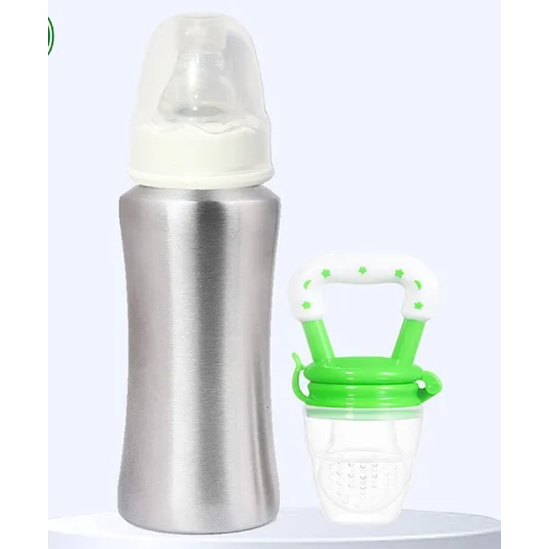 The Cheeky Kidzz Baby Silicone Star Fruit Nibbler Soother Teether Feeder With Stainless Steel 240ml Bottle Set BPA Free(GREEN)
