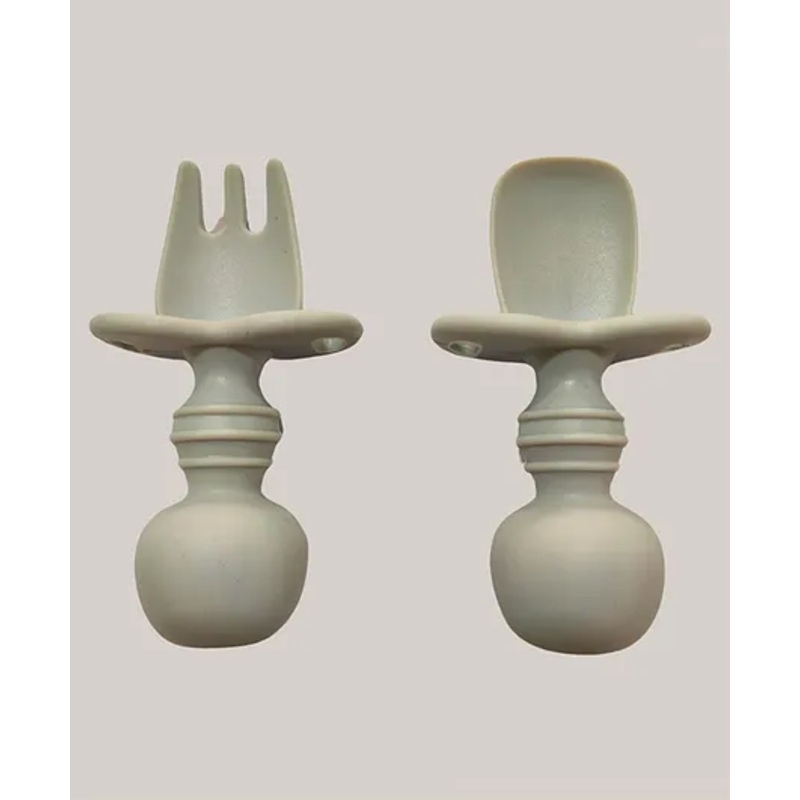 Zikku Baby Feeding Spoons & Forks Set, Easy Grip Silicone, Anti-Choke Design, Gum Friendly, BPA Free – Grey