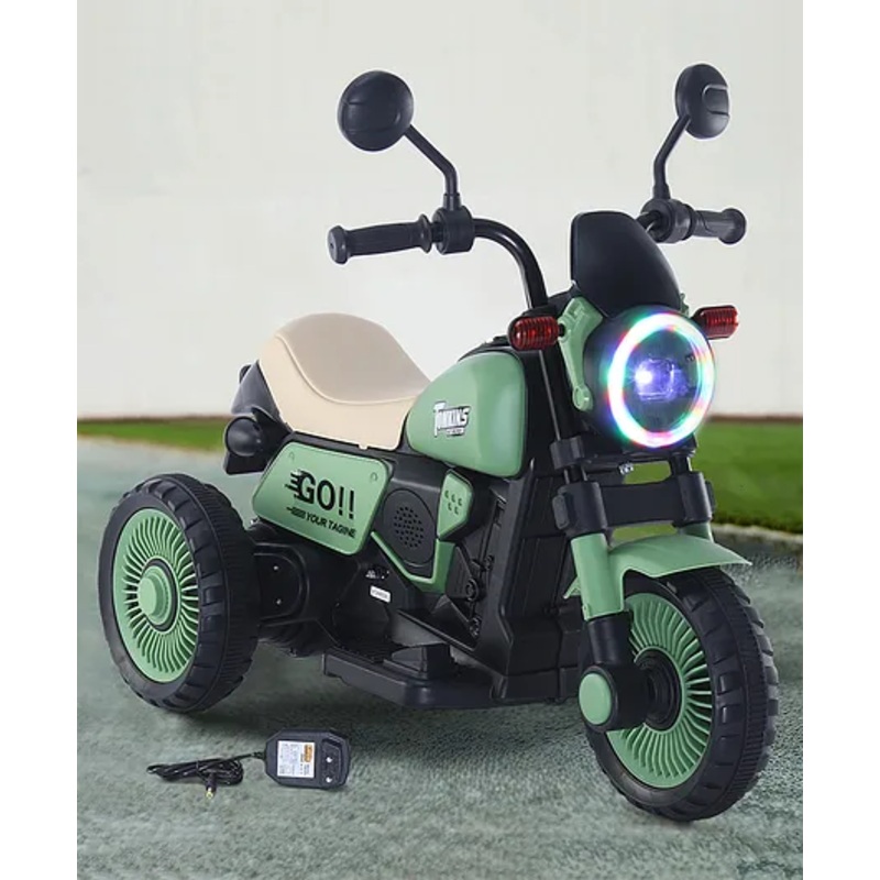 Baby Harley Three Wheel Battery Operated Ride on Bike with Music & Lights| Pre-loaded Music with USB & AUX| Easy to Assemble| Comfortable Seat| Easy to Operate – Green