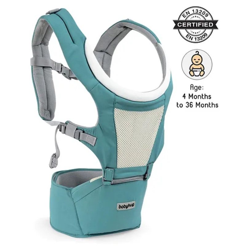 Babyhug Adore 5-in-1 Hip Seat Baby Carrier: Ergonomic, Breathable fabric, Padded straps, Foldable headrest, Secure waist belt, 5 carry positions, and storage pockets for babies up to 15 kg-Green