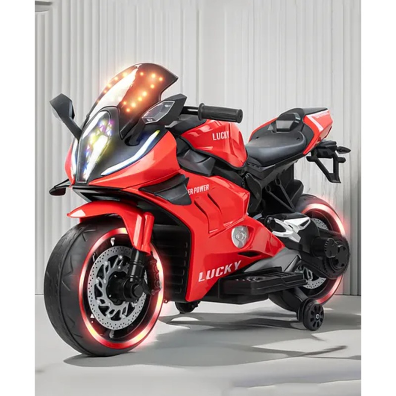 Baybee Zippio Baby Battery Operated Bike for Kids with Hand Accelerator & Music | Rechargeable Ride on Toy Bike with Training Wheels & LED Light | Electric Bike for Kids (Red)