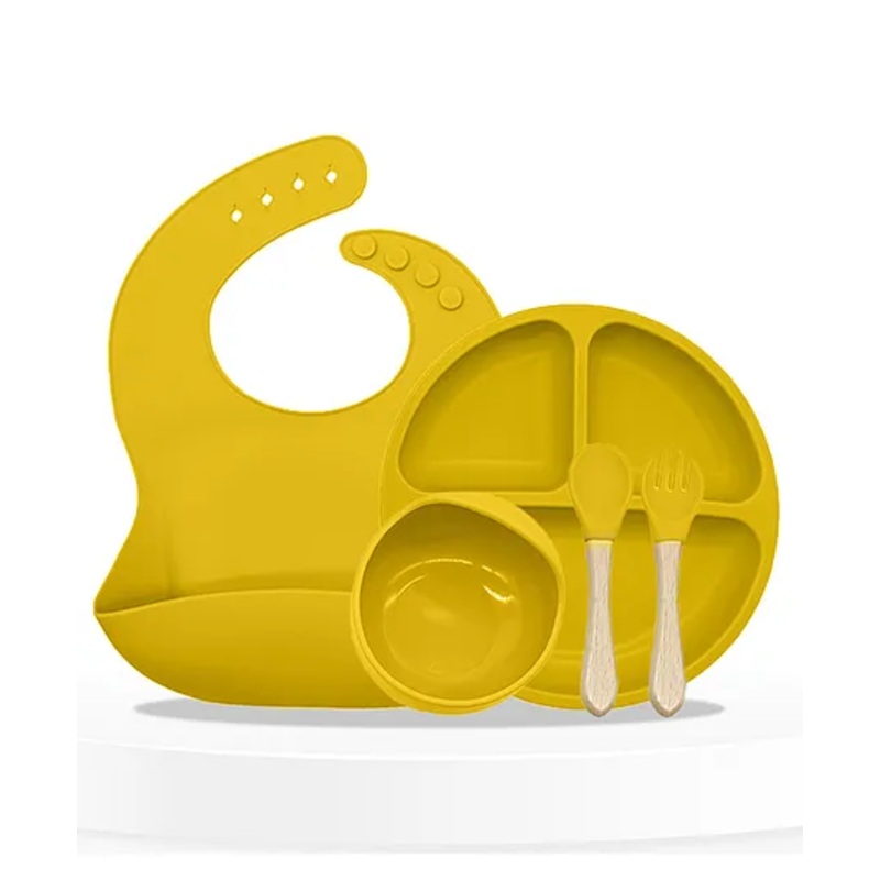 Bembika Baby Dinner Set Silicone Tableware Set With Bib For Baby Infant Pack Of 5  Yellow