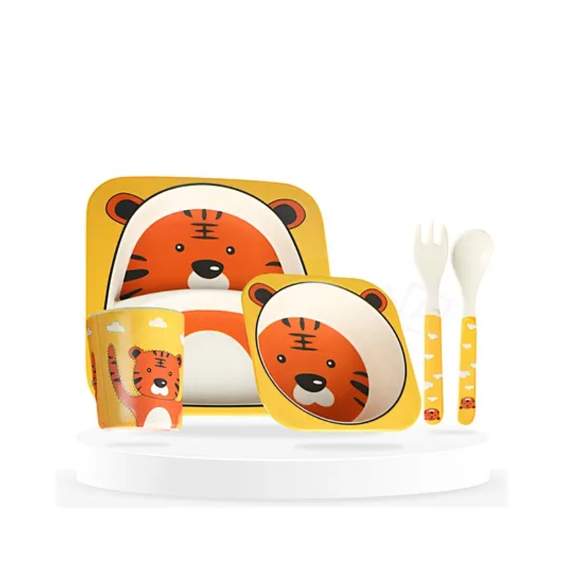 Bembika Baby Self Feeding Essential Baby Dinnerware Bamboo Fibre Dinner Set For Kids For Kids And Toddlers Cute Cub Pack Of 5 – (Orange)