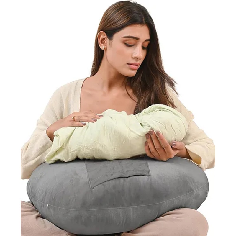 CHERILO Feeding Pillow for New Born Baby with Adjustable Strap & Bottle Holder Pouch- Grey