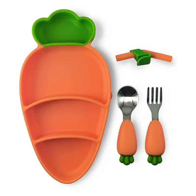 Cots and Cuddles Carrot Design Tableware Silicone Feeding Plate with Spoon Fork Straw for Infants Baby and Toddler Kids (Orange)