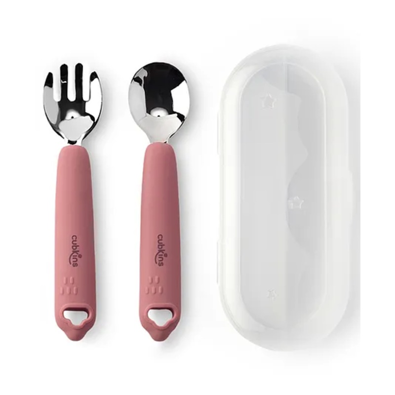 CUBKINS Spoon & Fork Set with Travel Box for Children with Stainless Steel Head & Silicone Handles | No Sharp Edges | BPA Free, Food Grade, FDA Approved | Washable & Reusable (Raspberry)