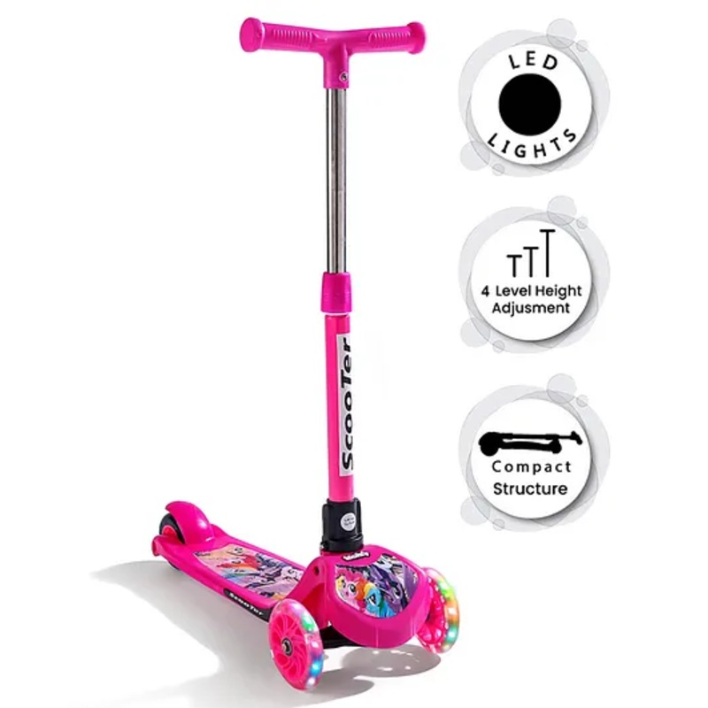 Foot to Floor Kids 3 Wheel Scooter with LED Light And 4 Level Height Adjustment – Pink| Compact Fold| Lean-to-Steer| Toy for 3 to 6 years Boys and Girls| Gifting Option| Promotes Physical Activity