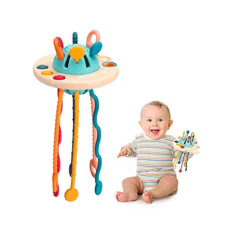 Kidology Pull String Toy for Babies Teething Strings Sensory Montessori Toys Baby Girl,Travel Toy for 6+Months Baby Food Grade Silicone Fine Motor Skills Toy for Toddlers (UFO), Multicolor