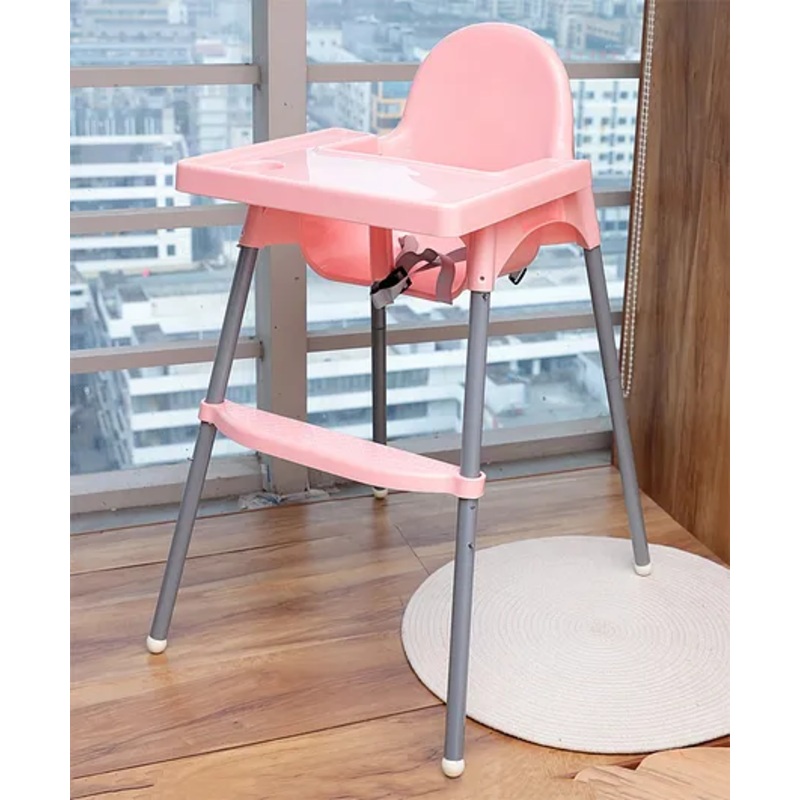 Multi-Functional Portable Feeding Highchair Plastic With 2 Level Height Adjustment – Pink| Removable Footrest| Safety Harness| Comfortable Seat