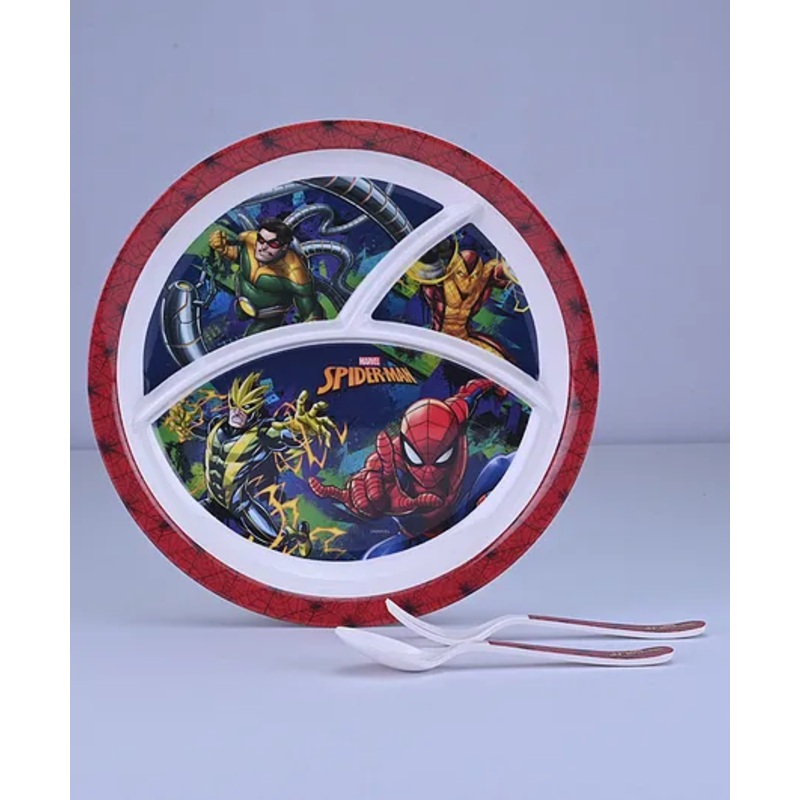 Servewell Spiderman Theme 3 Section Round Plate with Fork & Spoon –  (Color and design may vary)