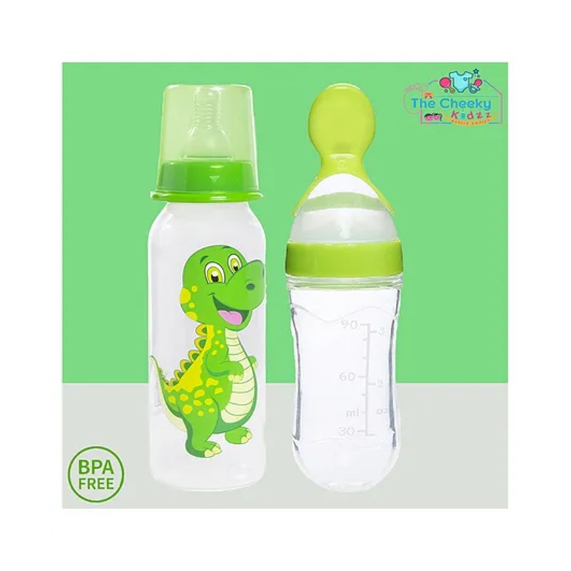 The Cheeky Kidzz Baby Soft Silicone Squeeze Spoon Feeding Bottle With Attractive Anti Colic Nipple Printed Feeding Bottle 250ml BPA Free (GREEN)