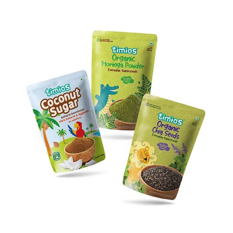timios Organic Combo Pack of Coconut Sugar Moringa Powder & Chia Seeds – 100 g Each