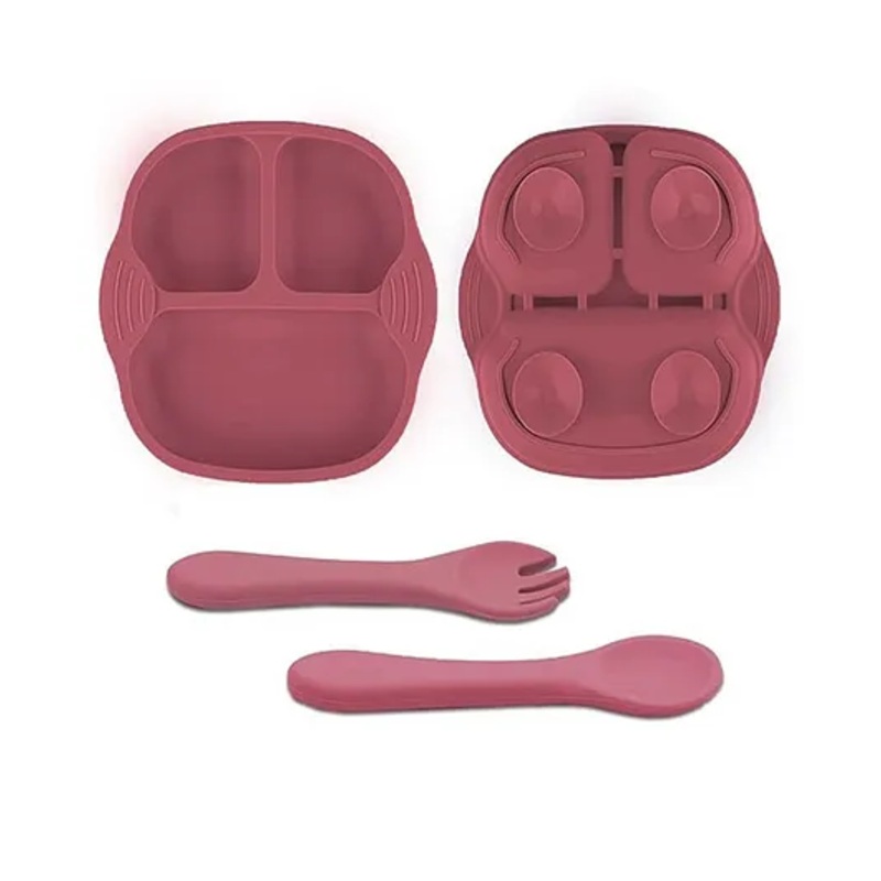 Tony Stark Newborn Essentials Baby Feeding Set, Suction Plate Set for Toddlers, Babies, Kids Plates for Food with Spoon Fork, Silicone Set (Wine RED)