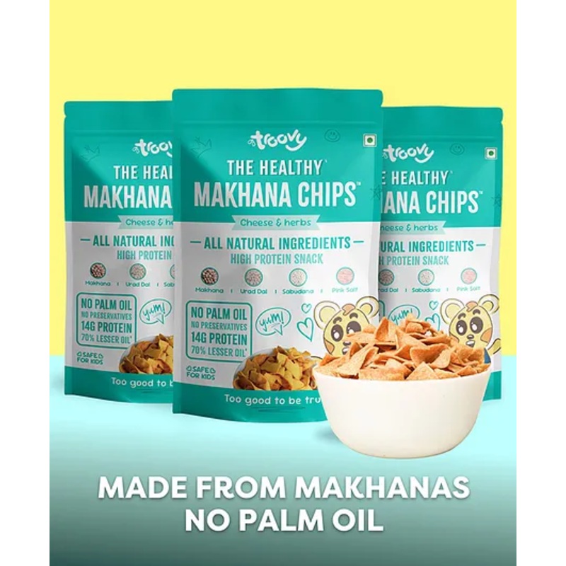 Troovy Healthy Makhana Chips | Tasty & High Protein Snacks | No Palm Oil, Cholesterol or Trans Fats, No Junk & Chemicals | Made with Real Makhana | Cheese & Herb Flavoured | 3 packs X 60 g