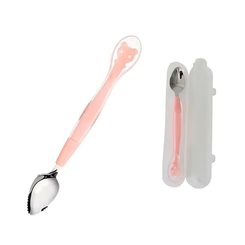 Zozobaa Double Head 2 in 1 Silicone Baby Soft Tip Spoon & Stainless Steel Fruit Scraper Spoon for Toddler |Multi-Use Bpa Free Fruit Scraping & Feeding Spoons with Travel Case Pink – 19.5 Cm