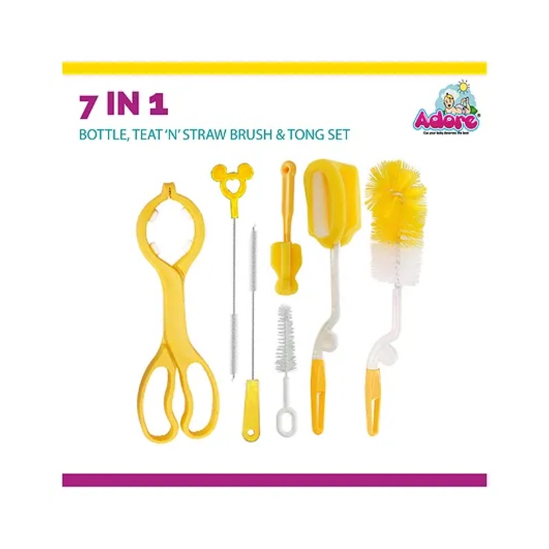 Adore Basics 7 in 1 Baby Bottle Cleaning Brush kit with Scissor Tong