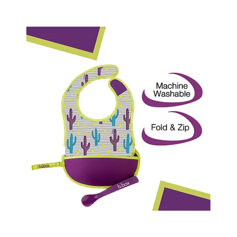 b.box Travel Bib and Soft Chewy spoon Set with Food Catcher Pocket – Purple