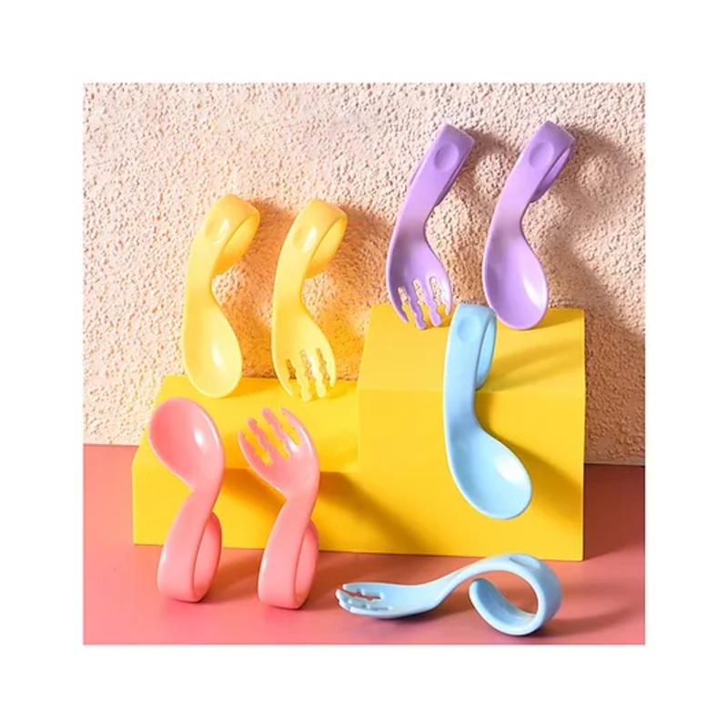 Babymoon Learn to Eat Baby Self Feeding Set, Silicone Spoon and Fork along with Storage Box – Pink