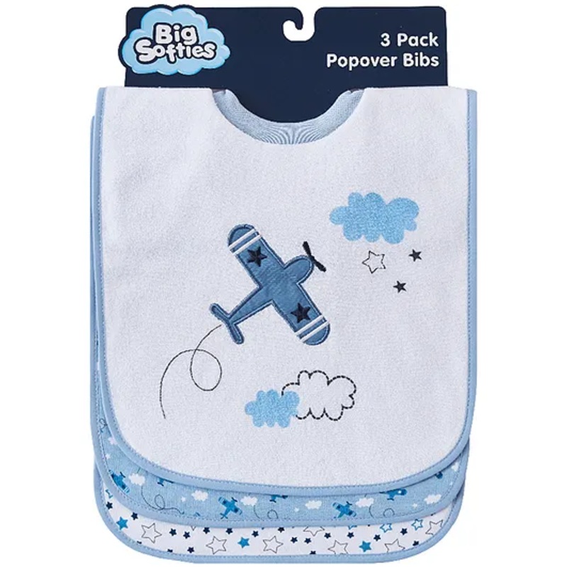Big Softies Popover Bibs Printed & Applique Embroidery Soft Stretchable Rib Neck Blended Cotton Ultra Soft & Super Absorbent For Drooling, Teething & Feeding For Boys 6-36 Months Pack of 3-Plane