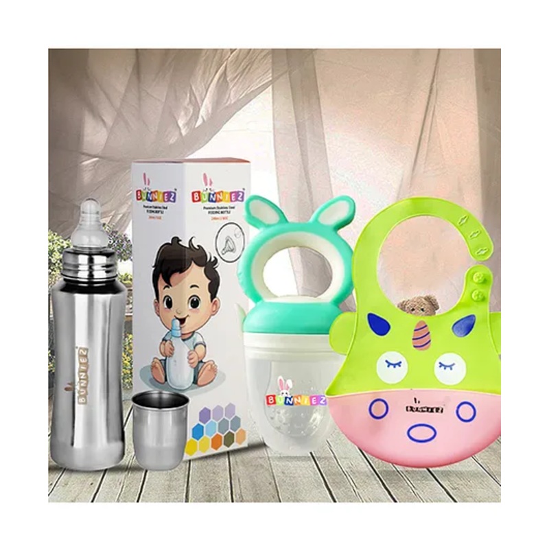 Bunniez Stainless Steel Baby Feeding Bottle -240ml and Silicone Baby Bib – Green Pink & Fruit Feeder – Light Green  – Combo of 3
