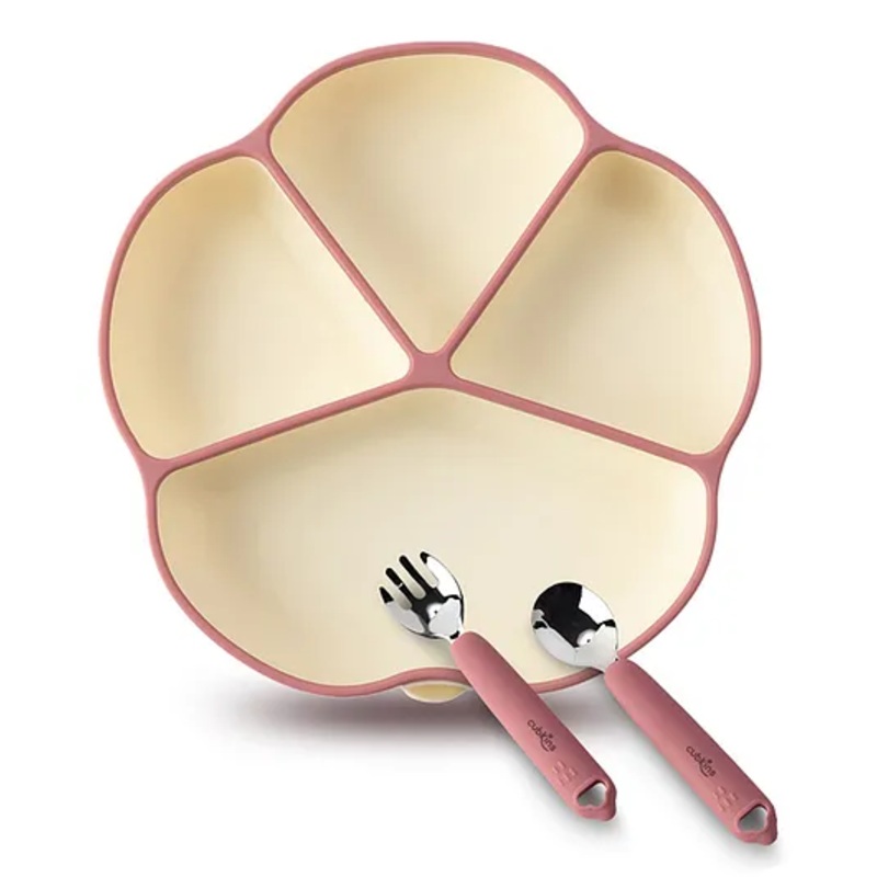 CUBKINS Set of 3 pcs – Plate, SS Spoon, SS Fork | Designed for Babies, Infants & Toddlers | BPA Free, Food Grade, FDA Approved | Easy to Clean (Raspberry)