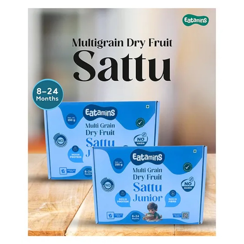 Eatamins Sattu Junior with Multi Grain Dry Fruits | For 8 to 24 months | Enriched with Multivitamins, Multi Grains & Multimineral | No Preservatives & No Maida | Pack of 2 – 250 g Each