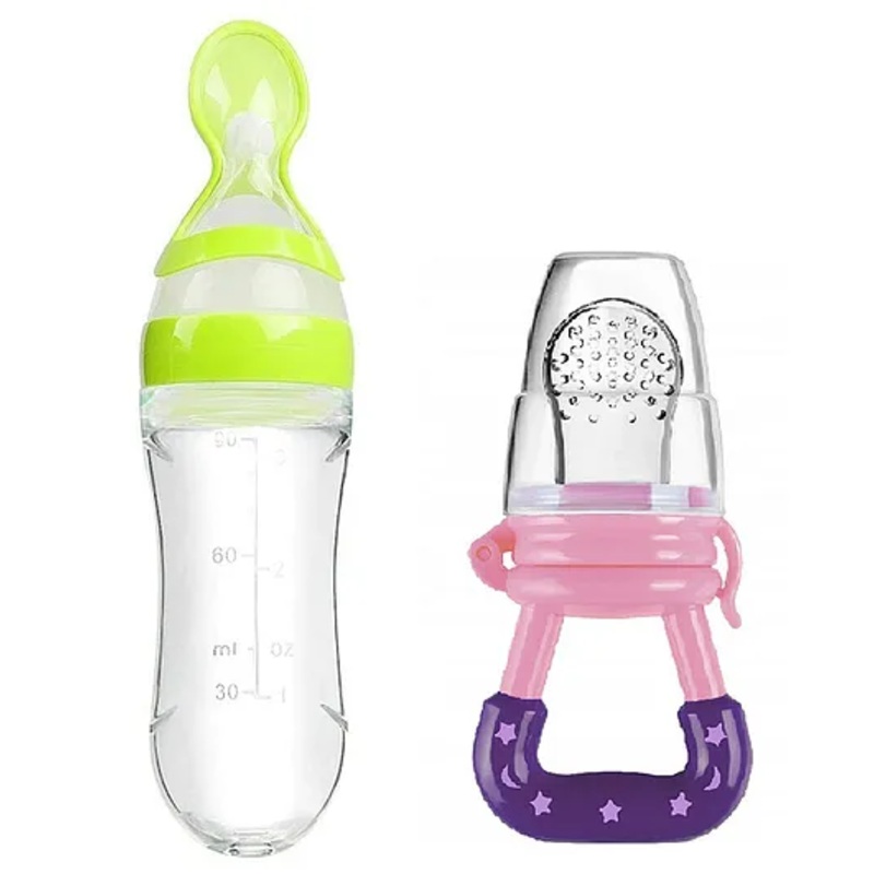 Enorme Silicone Easy Squeezy Spoon Food Feeder with Silicone Fruit and Food Nibbler Pacifier for Babies